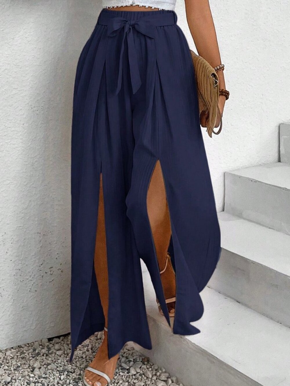 Navy Blue Casual Women's Vacation Slit Tie Waist Loose Pants